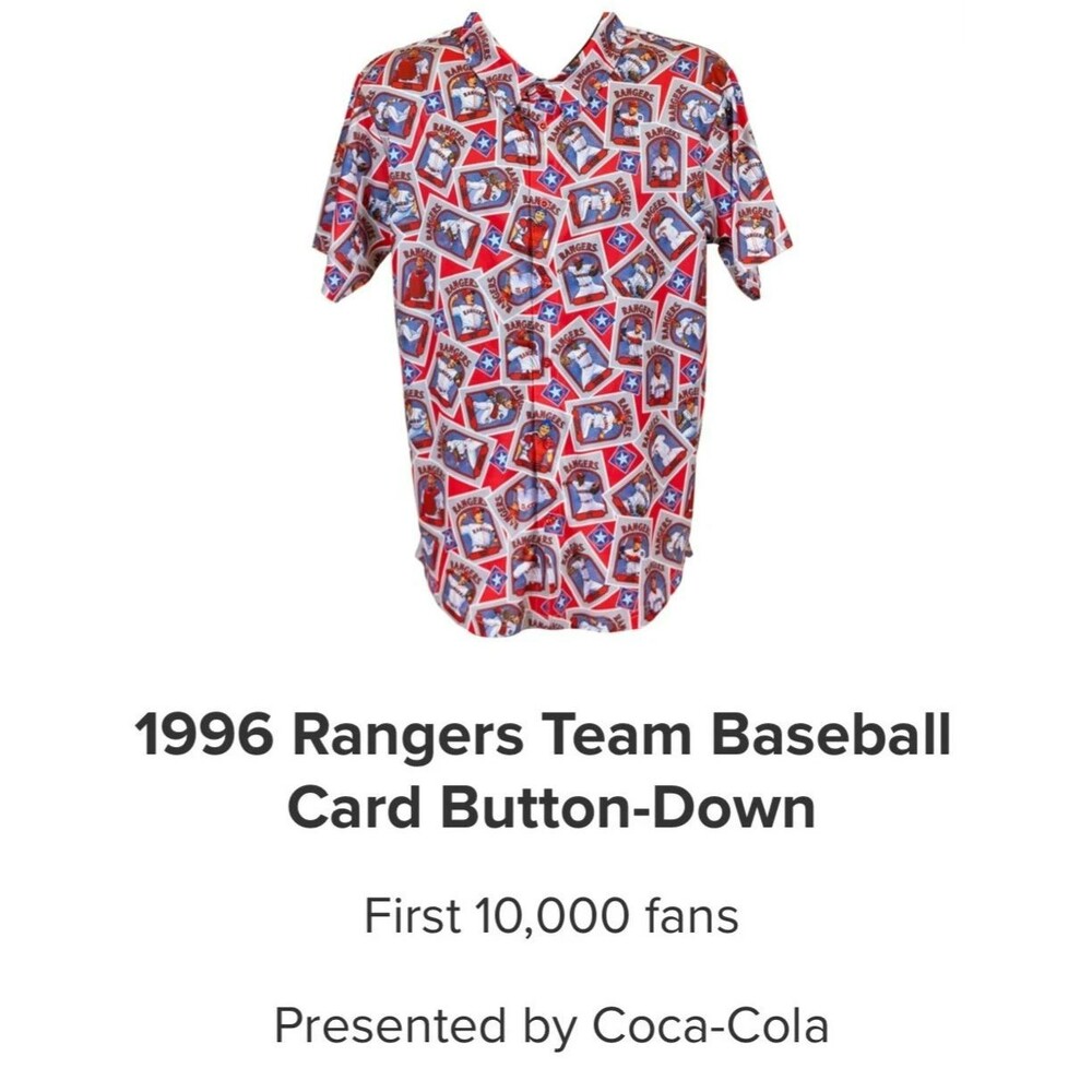 Texas Rangers 1996 Team Baseball Card Button-Down Shirt SGA 8/22 Size XL